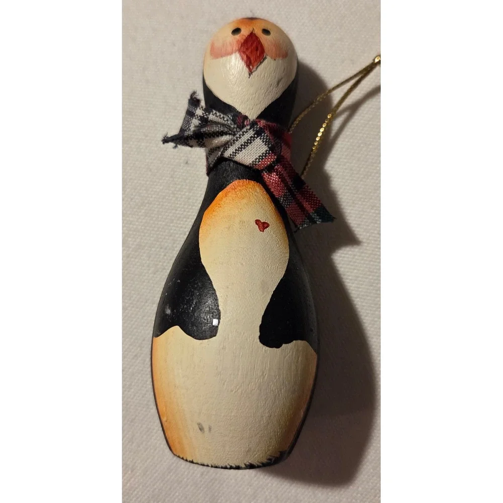 Hand Painted Wooden‎ Penguin Ornament Bowling Pin Shape Plaid Scarf Christmas